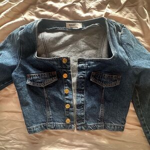 reformation cropped gold button sweetheart denim jacket